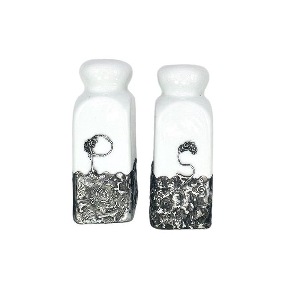 Artisan Ceramic Salt & Pepper Shakers Upcycled with Silver Blend Boho Metalwork - Picture 9 of 11